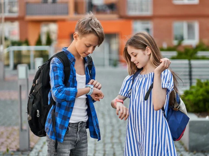pupil-friends-boy-girl-playing-smart-watch-near-school_496169-161 Jaki prezent podarować na komunię?
